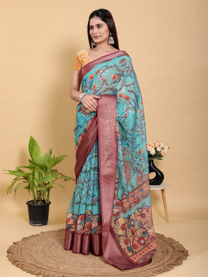 MANASTEXTILS Printed, Floral Print, Woven Bollywood Cotton Blend Saree(Blue, Maroon)