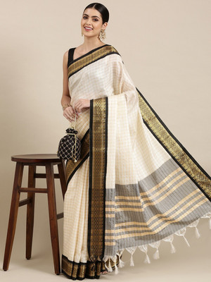 HouseOfCommon Woven, Checkered, Embellished, Self Design Daily Wear Jacquard, Cotton Silk Saree(White, Gold)