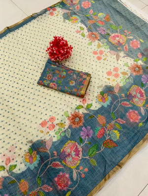 HouseOfCommon Printed Kanjivaram Pure Cotton, Cotton Linen Saree(Blue)