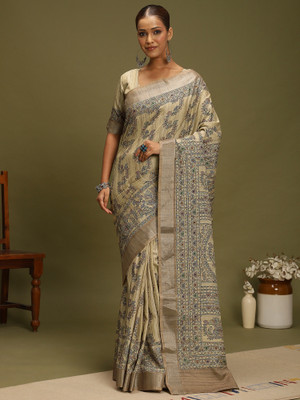 Tasrika Printed Hand Batik Satin, Silk Blend Saree(Beige)