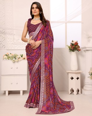 YASHIKA Printed Bandhani Georgette, Lace Saree(Purple)