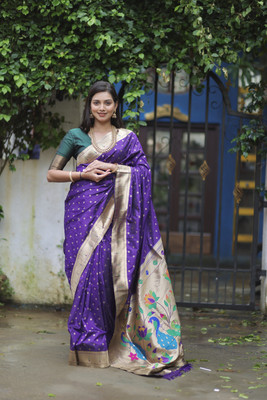 sarjan creation Woven Paithani Pure Cotton Saree(Purple)