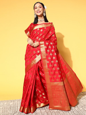 Divastri Floral Print Banarasi Silk Blend Saree(Red)