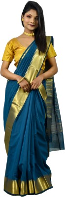 Stylix Solid/Plain, Temple Border, Checkered Mangalagiri Cotton Silk Saree(Dark Blue, Gold)
