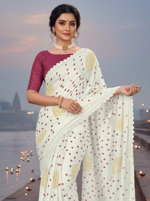 all about you Embellished Bandhani Chiffon Saree(White)