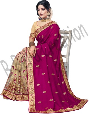 b bella creation Embellished, Embroidered Bollywood Art Silk, Net Saree(Purple, Cream)