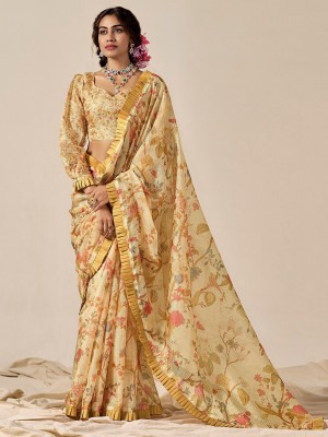 ANOUK Printed Daily Wear Cotton Blend Saree(Yellow)