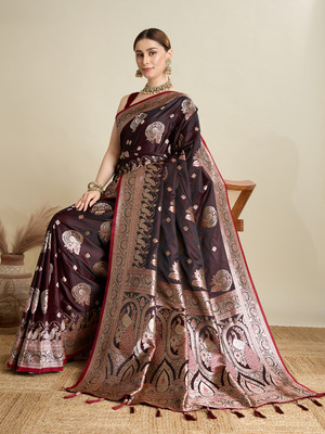 SICHYAH Embroidered Banarasi Satin, Silk Blend Saree(Maroon)