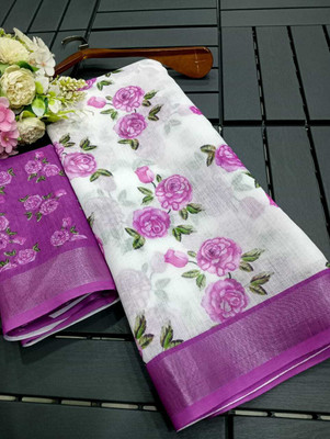 Mervadiya Printed Kanjivaram Cotton Silk, Cotton Linen Saree(Purple, White)