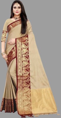 SHARIRI Woven Banarasi Jacquard, Cotton Silk Saree(Cream)