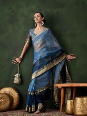 Sangria Woven Saree with Attached Blouse Organza Saree(Blue)
