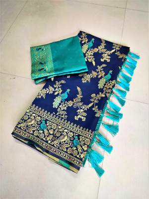 VISHVAMBHARI ENTERPRISE Woven, Floral Print, Paisley Banarasi Jacquard Saree(Dark Blue)