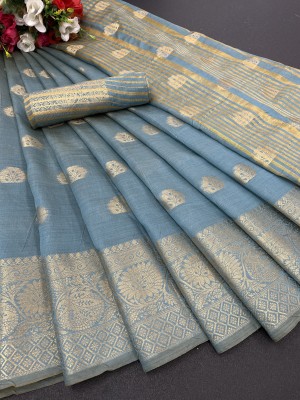 GOGAJI COLLECTION Temple Border, Woven Kanjivaram Cotton Silk, Chanderi Saree(Blue)
