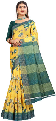 Mervadiya Printed Kanjivaram Pure Cotton, Chanderi Saree(Yellow, Green)