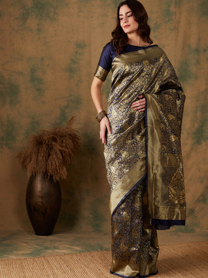 manvaa Woven Bollywood Silk Blend Saree(Dark Blue)