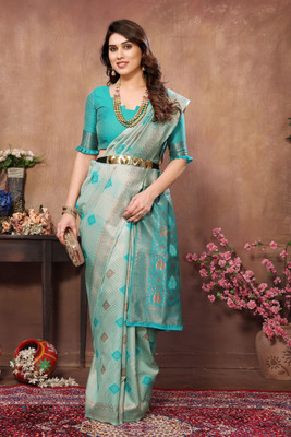 Soor Panchi Woven Bollywood Silk Blend Saree(Light Blue)
