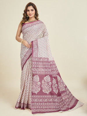 Jevi Prints Printed Daily Wear Pure Cotton Saree(White, Purple)