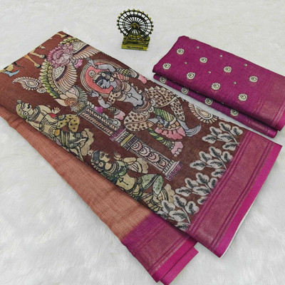 Sniccs Trend Digital Print Kalamkari Mulmul Saree(Brown, Magenta)