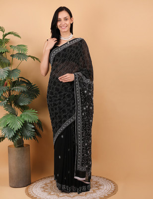 SHWET Embroidered Lucknow Chikankari Georgette Saree(Black)