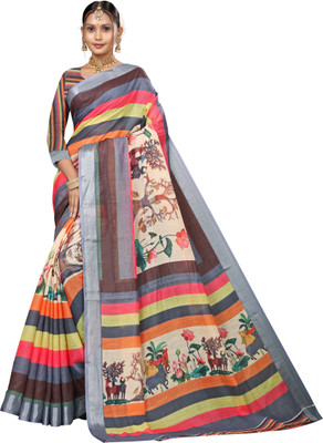 Gajal Printed Kanjivaram Pure Cotton, Cotton Linen Saree(Orange)