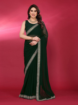 RAJESHWAR FASHION Solid/Plain Bollywood Georgette Saree(Dark Green)