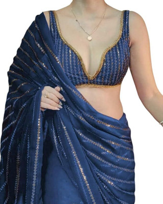 hesika Embroidered Daily Wear Net Saree(Dark Blue)