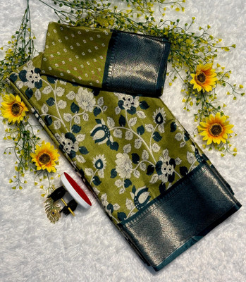 RAAVIENTERPRISE Floral Print, Printed Mangalagiri Silk Blend Saree(Green)