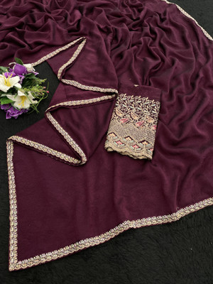 K 5 FASHION Embroidered, Solid/Plain Bollywood Chiffon Saree(Purple)