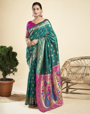Samah Woven, Embellished, Self Design Paithani Silk Blend Saree(Blue, Magenta)