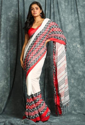 BongAp Digital Print Handloom Cotton Blend, Jacquard Saree(Multicolor)