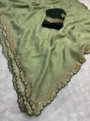 MOON VOGUE Self Design Banarasi Silk Blend Saree(Green)