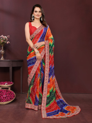 sareya veela Printed Bandhani Georgette Saree(Blue, Red)
