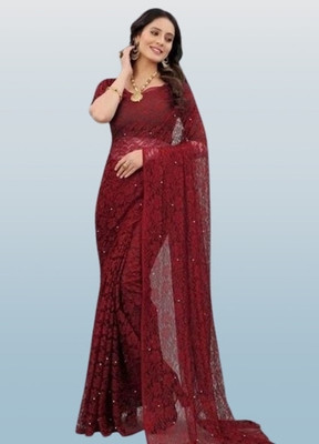 NORAFLEX Embroidered Bollywood Net Saree(Maroon)