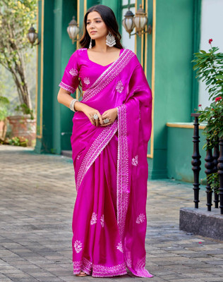 Satrani Embroidered, Embellished Bollywood Tissue, Jimmy choo Saree(Magenta)
