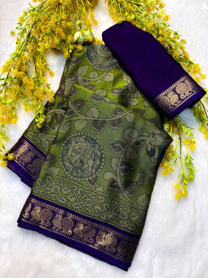 Ambaji enterprise Printed Kalamkari Silk Blend Saree(Green)