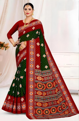 HouseOfCommon Printed Sambalpuri Pure Cotton Saree(Green)