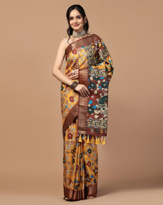 KAHIRAA WHOLETEX Printed Kalamkari Tussar Silk Saree(Yellow)