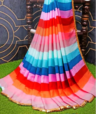 GAVUBAA Striped, Digital Print, Temple Border Bollywood Georgette Saree(Multicolor)