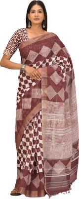 Kiaaron Printed Ikkat Cotton Linen Saree(Mustard)
