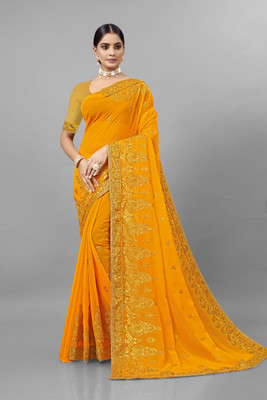 KHRITI FAB Embroidered, Floral Print Bollywood Georgette Saree(Gold)
