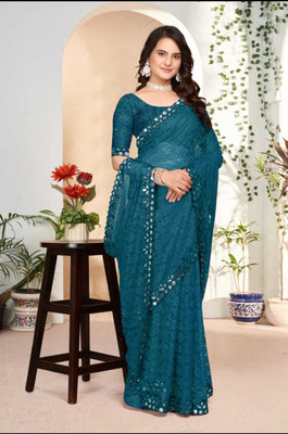 MAA CREATION Embroidered Bollywood Net Saree(Blue)