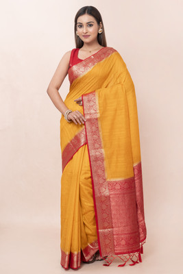 Kk Kavvya Crsk Solid/Plain Assam Silk Raw Silk Saree(Mustard)