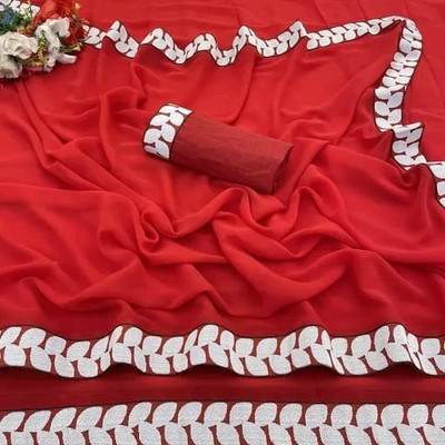 OKTAT Solid/Plain Bollywood Georgette Saree(Red, White)