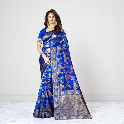 fFASHION Embellished, Solid/Plain, Striped, Temple Border, Floral Print, Dyed, Woven Banarasi Art Silk, Cotton Silk Saree(Blue)