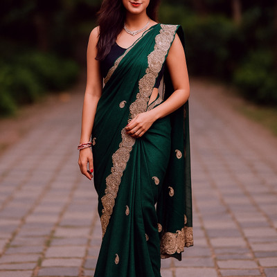 SHR Floral Print Bollywood Georgette Saree(Dark Green)