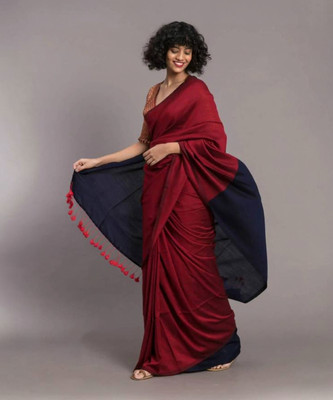 ACHOL Solid/Plain Handloom Cotton Blend Saree(Red)
