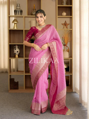 KRIYANSH Woven, Printed, Self Design, Temple Border, Applique, Striped Banarasi Jacquard, Cotton Silk Saree(Pink)