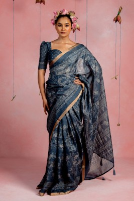 MIRCHI FASHION Printed, Floral Print Daily Wear Art Silk Saree(Dark Blue, White)