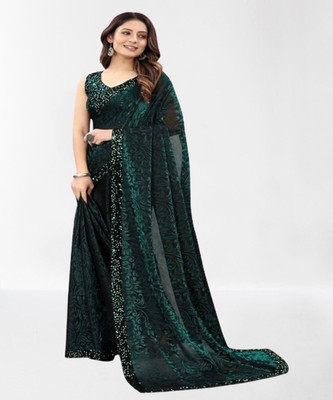 HouseOfCommon Embellished Bollywood Lycra Blend Saree(Green)