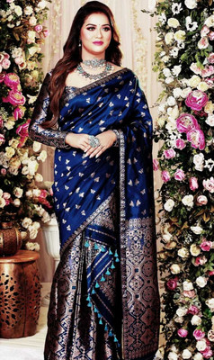 VRAJ CREATION Woven Mekhela Chador Silk Blend Saree(Dark Blue)